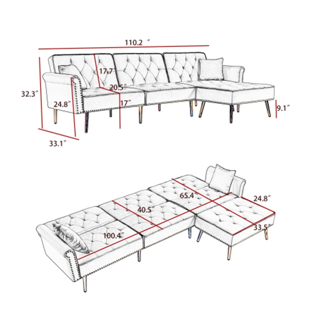 YWMLFZ Black Living Room Sofa Velvet Upholstered Reversible Modular Bed L-Shaped with Metal Legs