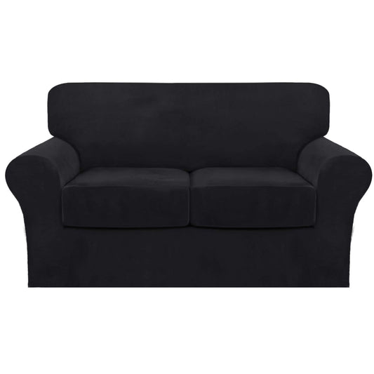 FantasDecor 3 Piece Sofa Covers Velvet for 2 Cushion Couch Stretch Loveseat Slipcover with Individual Seat Elastic Furniture Protector for Pets (Loveseat, Black)