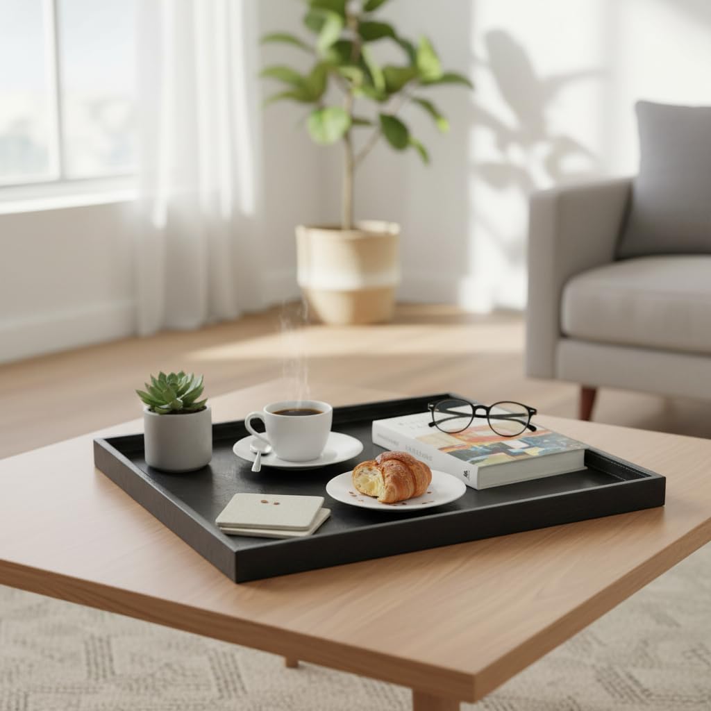 QAVOL 30x30 Inch Square Ottoman Tray - Faux Leather Large Serving Tray for Couch/Coffee Table, Family Dinner, Party Decor (30 inch Black)