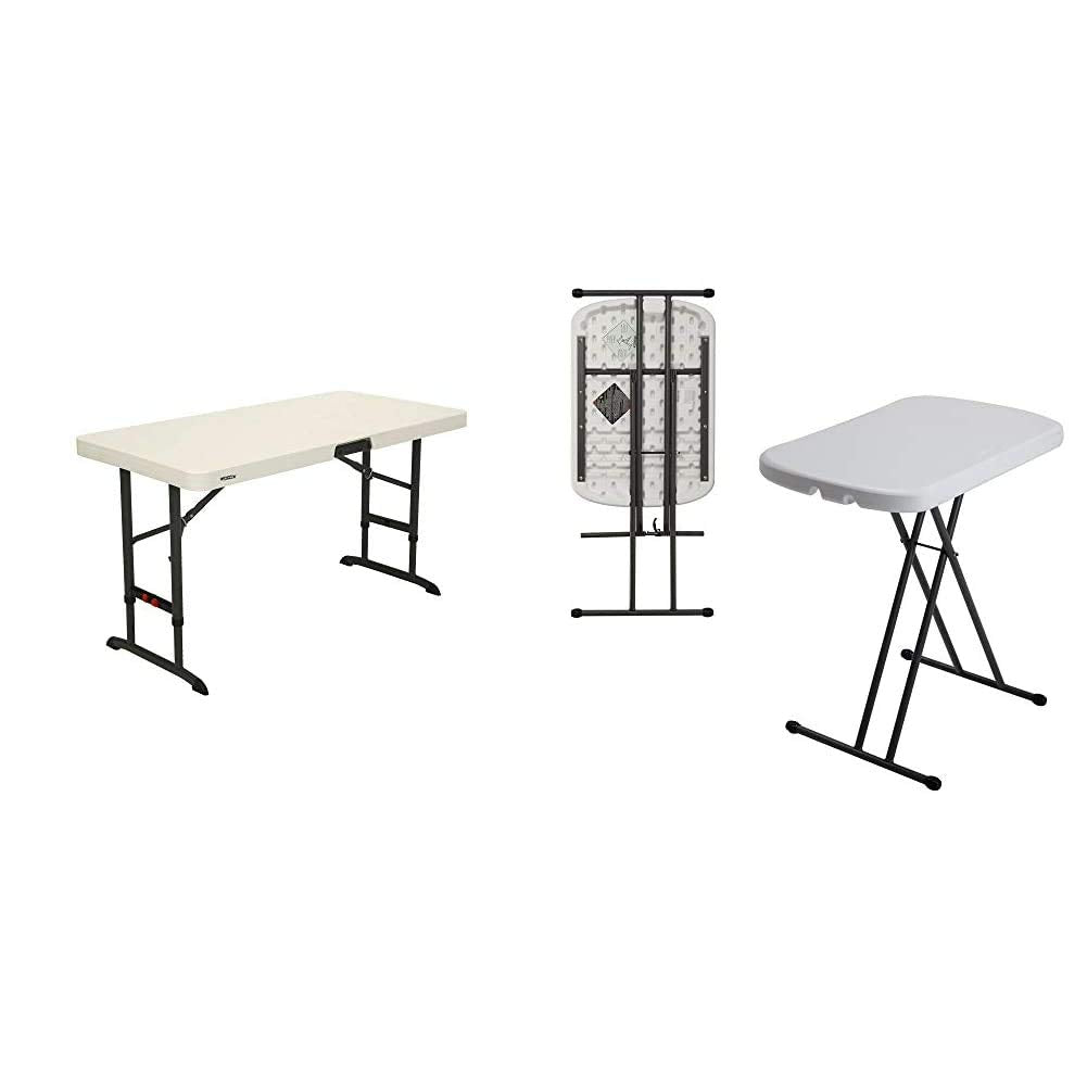 Lifetime 80387 4-Foot Commercial Adjustable Folding Table, Almond 80251 Adjustable Folding Laptop Table TV Tray, 26 Inch, White Granite