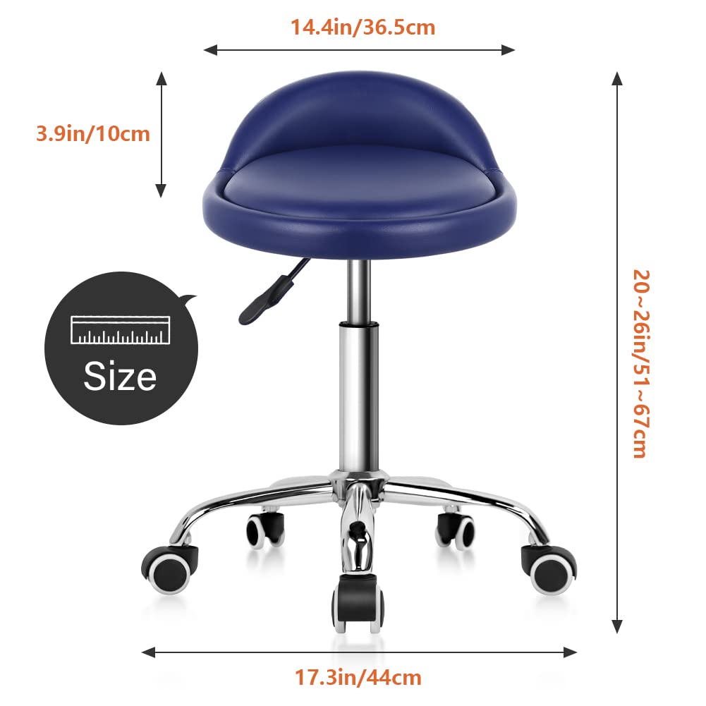 KKTONER PU Leather Round Rolling Stool with Back Rest Height Adjustable Swivel Drafting Work SPA Task Chair with Wheels (Blue)