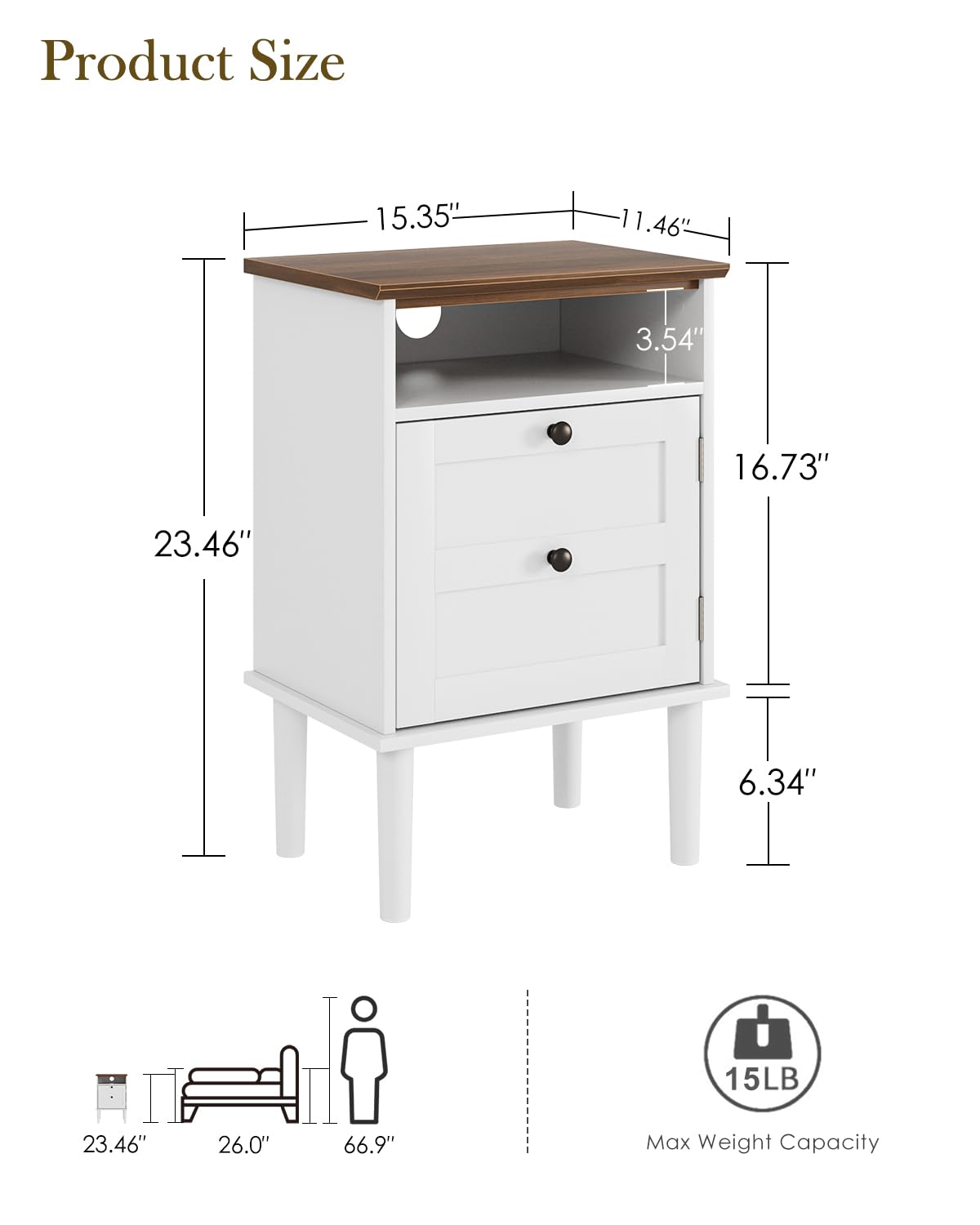 Apetaccat Nightstand, Boho Night Stand with 1 Drawer, Modern Side Accent Table with Open Shelf, Wooden Top Bedside End Table for Bedroom, Living Room, White