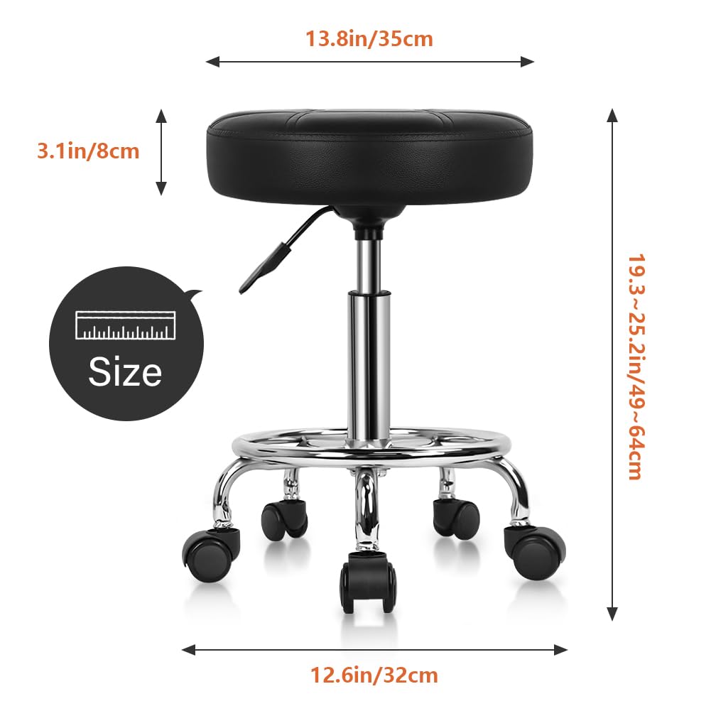 KKTONER Round Rolling Stool Chair PU Leather Height Adjustable Swivel Drafting Work SPA Shop Medical Salon Stools with Wheels Office Chair Small (Black)