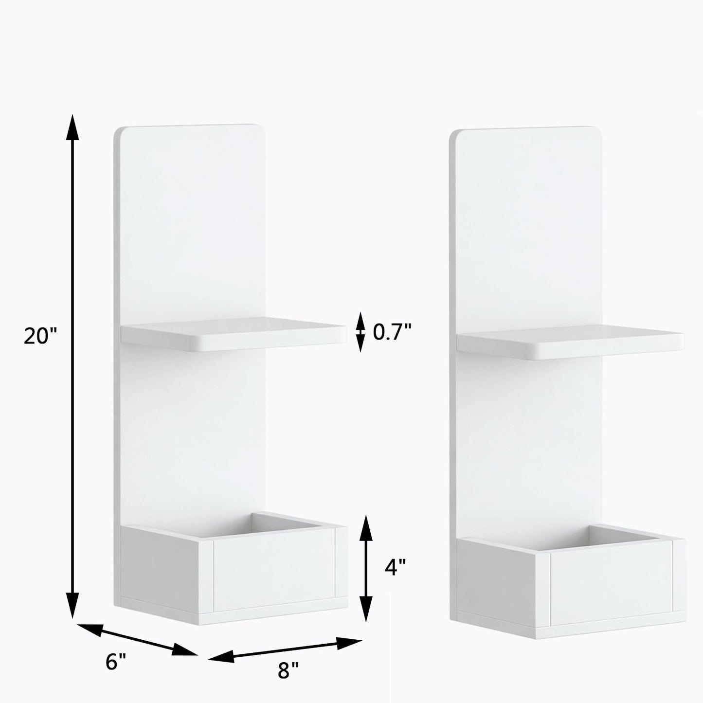 POCURBAN 2-Tier White Floating Wall Shelf, 20x8x6 Wall-Mounted Wooden Beside Shelf/Nightstand for Home Décor, Plants, Cosmetics, Bathroom, Kitchen, Bedroom Storage (White with Box)
