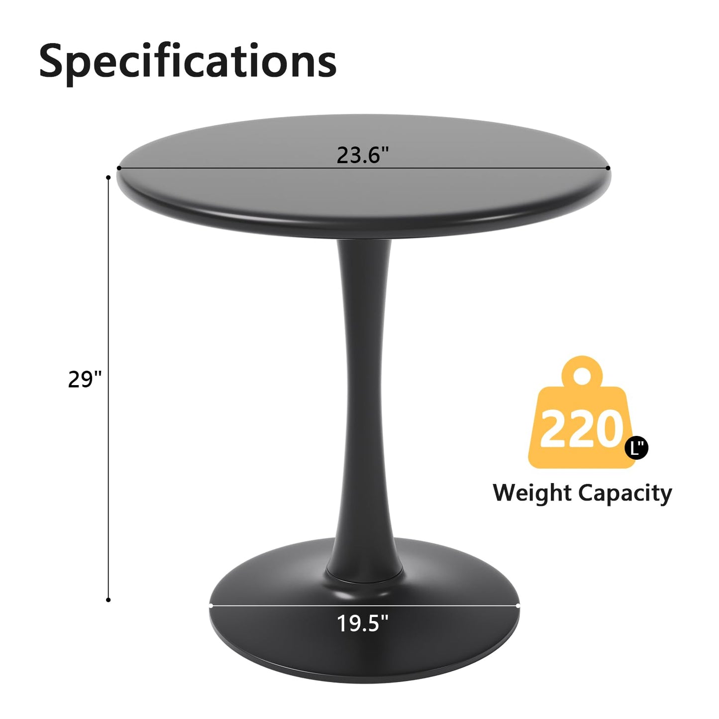 24 Inch Black Small Tulip Table, Round Dining Table for 2 Person with Pedestal for Kitchen, Circle Bistro Table, Mid Century Modern Cafe Tables for Small Spaces in Living Room, Office, Coffee,Pub, Bar