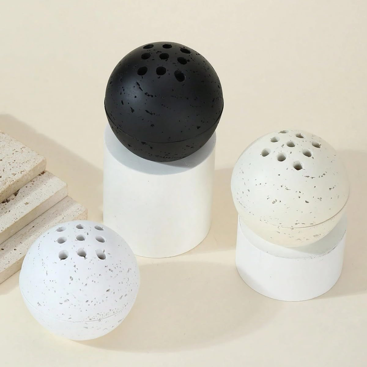 HUZHIBING 9 Holes Handmade Round Incense Resin Burner Holde, Minimalist Sphere Incense Frankincense Burner, Ravertine Incense Cone Holder for Yoga Meditation Spa Reading (Black)