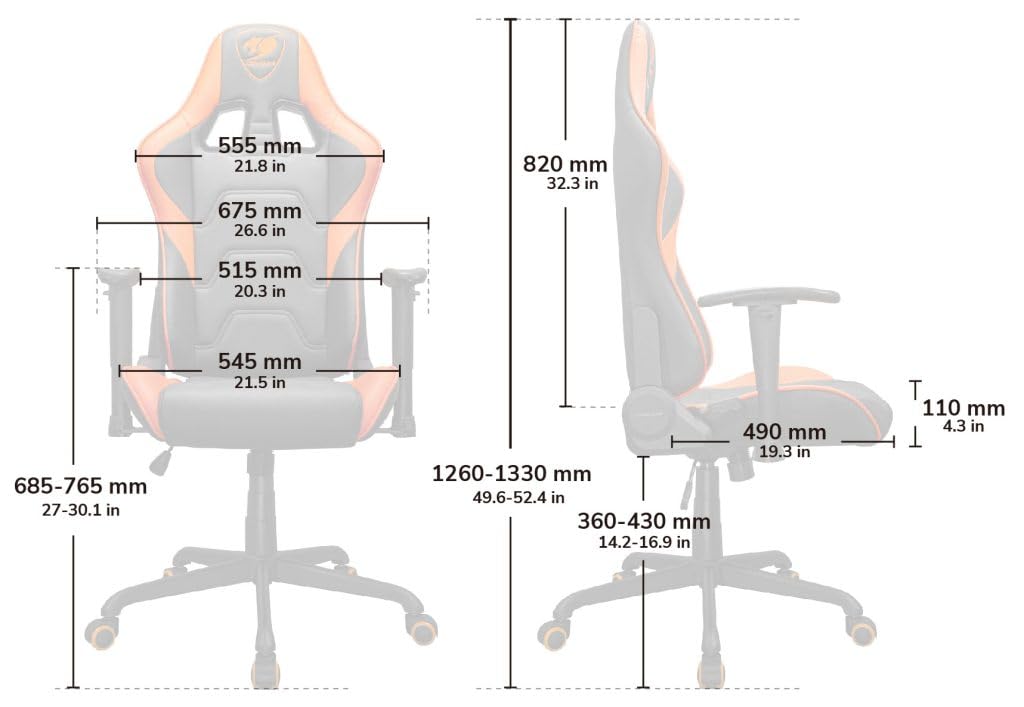 Cougar Armor Elite Ergonomic and Comfortable Gaming Chair with Head and Lumbar Support, Steel Frame and Base, Reclining Backrest, Tilt Mechanism, Premium Breathable PVC Leather, 2D Armrest, BK/Orange