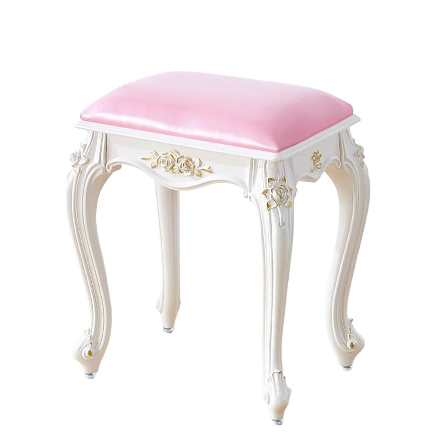 Lebolna Vintage Vanity Stool Vanity Chair,Round & Rectangular Makeup Stool,Cute Ottomans Bench Seat Bathroom Vanity Stool,Victorian Style,Sitting Height 17 Inch(Rectangular, Pink Leather)