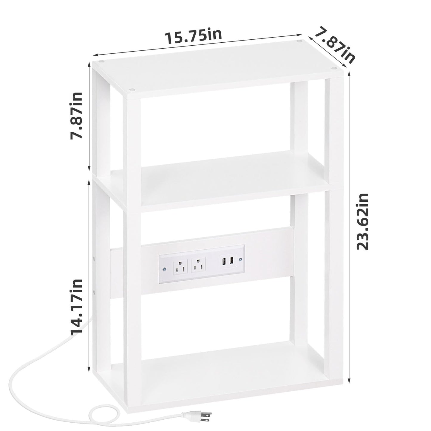 YUFAM 3-Tier Small Narrow Wood Side Table Set of 2 with Charging Station - Skinny Nightstand for Small Spaces, Slim Bedside Table with USB Ports and Outlets - Thin End Table with Storage, White