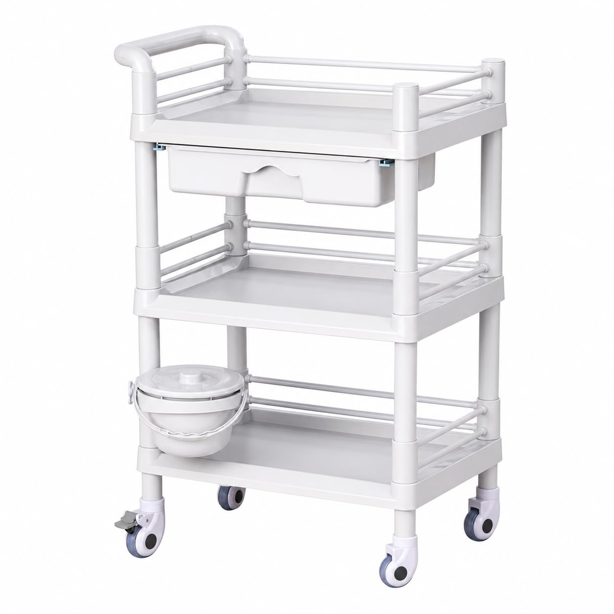 Rolling Utility Cart,Qiwey Utility Cart with Big Drawer,3-Tier Esthetician Cart with Wheels for Beauty Salon SPA Commercial Hospital Office Lab Cart White