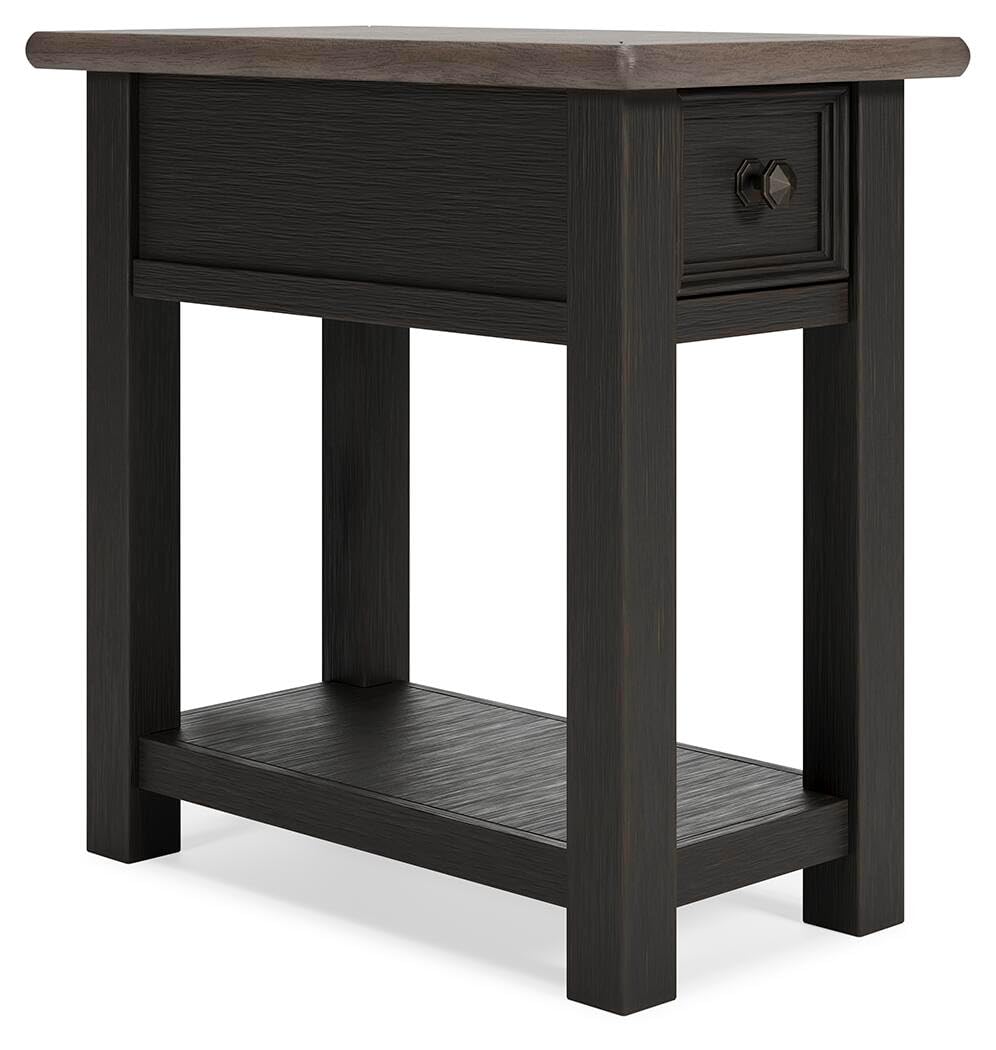 Signature Design by Ashley Narrow Side Table with Charging Station, Tyler Creek Chairside End Table, Wood, Smooth-Gliding Storage Drawer, Living Room Furniture, Grayish Brown/Black