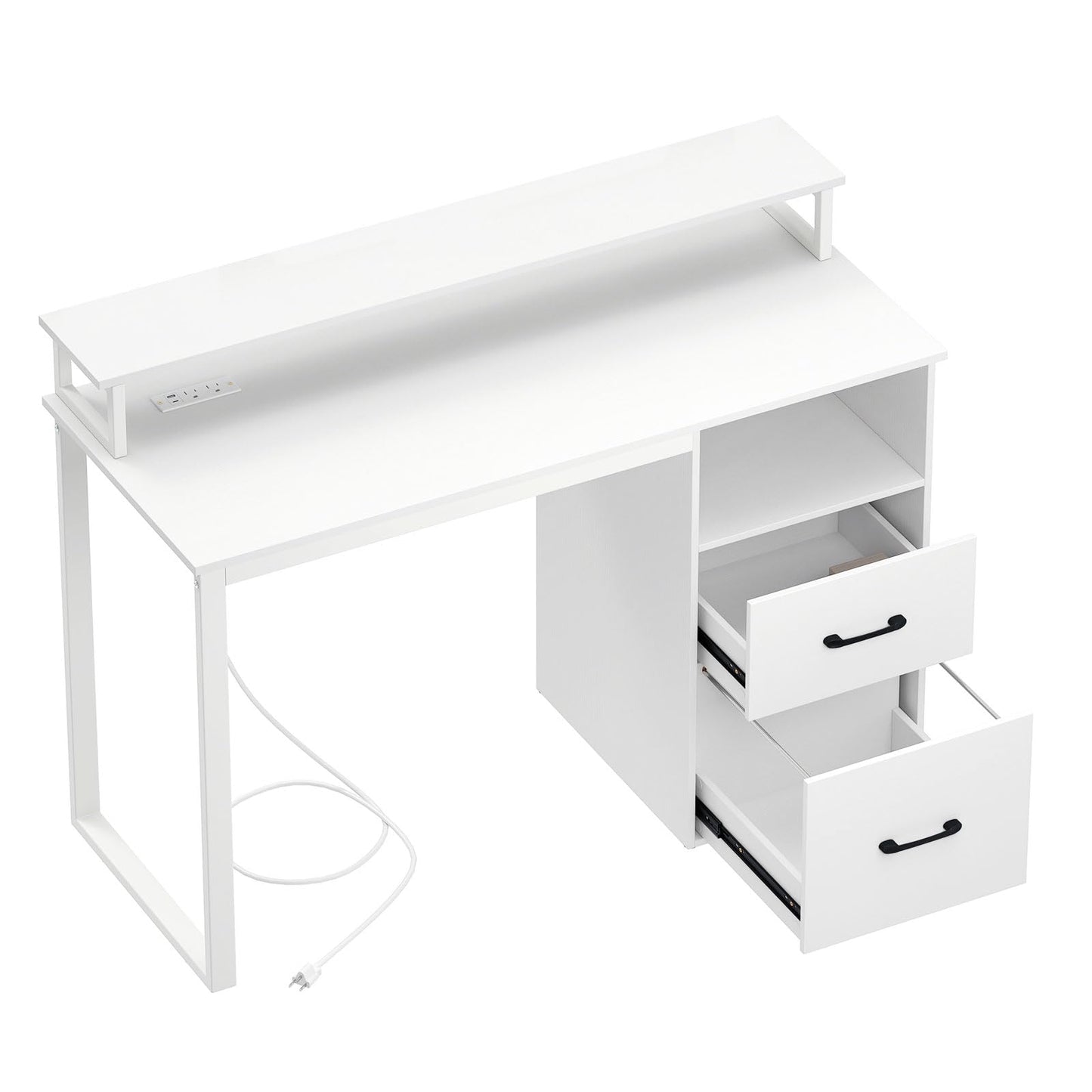 Tangkula Computer Desk with Storage Drawers & Shelves, 48" Home Office Desk with Monitor Stand & Power Outlets, Modern Study Work Writing Table, PC Laptop Desk for Small Spaces, Bedroom, White