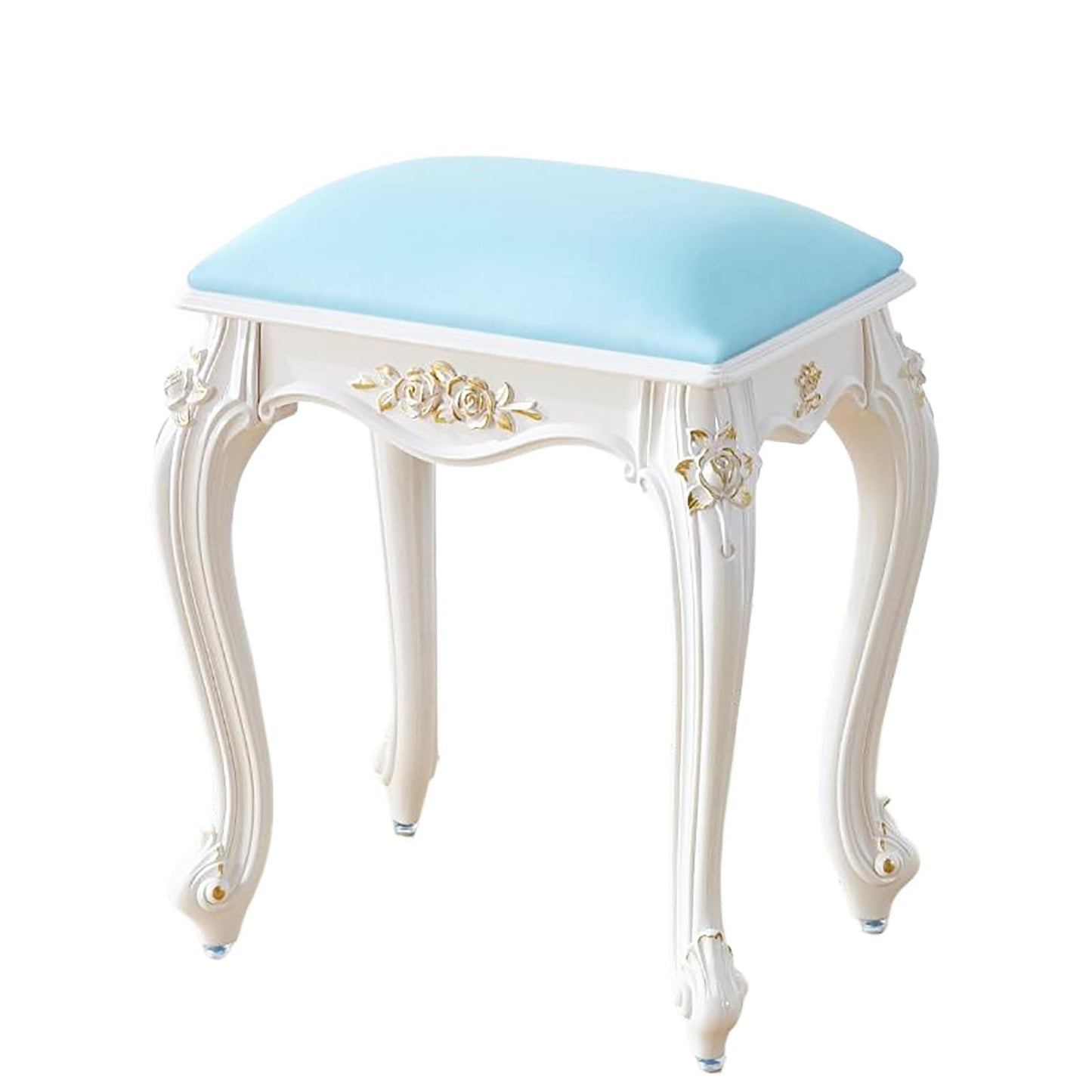 Vintage Vanity Stool Vanity Chair,Round & Rectangular Makeup Stool,Cute Ottomans Bench Seat Bathroom Vanity Stool,Victorian Style,Sitting Height 17 Inch(Rectangular, Blue Leather)