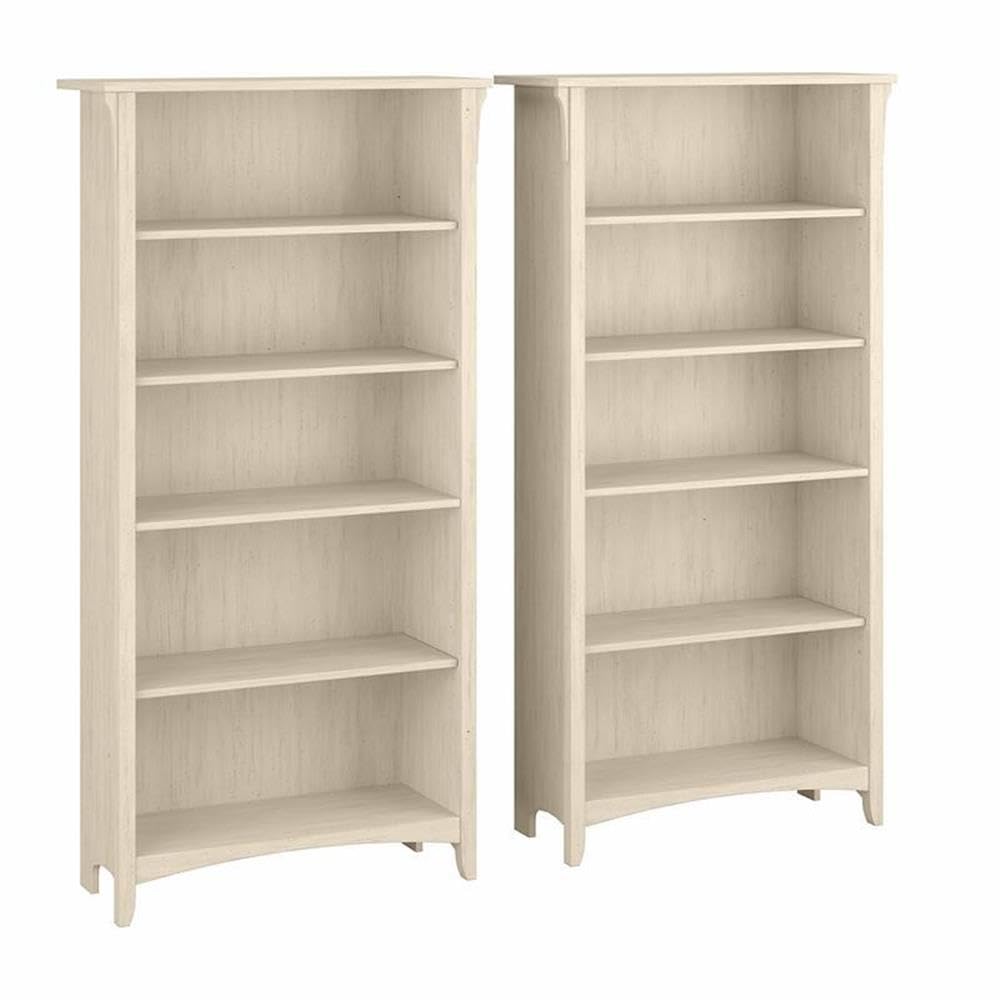 Bush Home Salinas Tall 5 Shelf Bookcase - Set of 2 in Antique White, Vertical Office Storage, Bookshelves for Home Workspace, Multi-Purpose Shelving Units