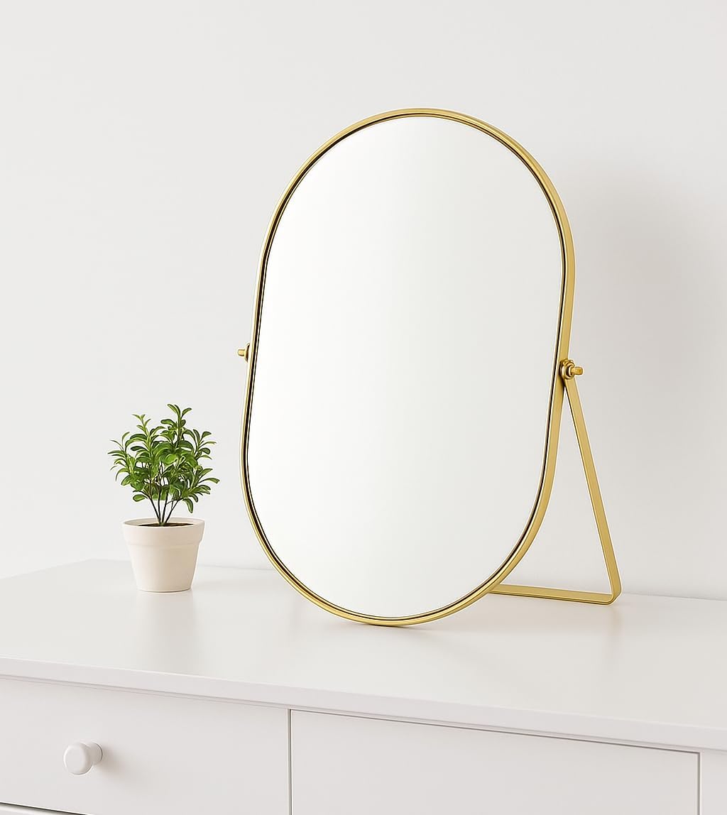 Feyarl Oval Vanity Table Mirror 12x8 Inch Desk Makeup Mirror Decorative Standing Cosmetic Mirror for Bedroom Bathroom Desk Dresser Table Desktop (Gold)