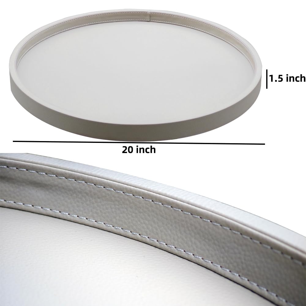 Galopgen 20-inch Round Ottoman Serving Tray - Textured PU Leather Coffee Table Decor, Waterproof Heat-Resistant Large Organizer for Home, Office, Bed & Party Essentials (Tranquil Beige, 20in)