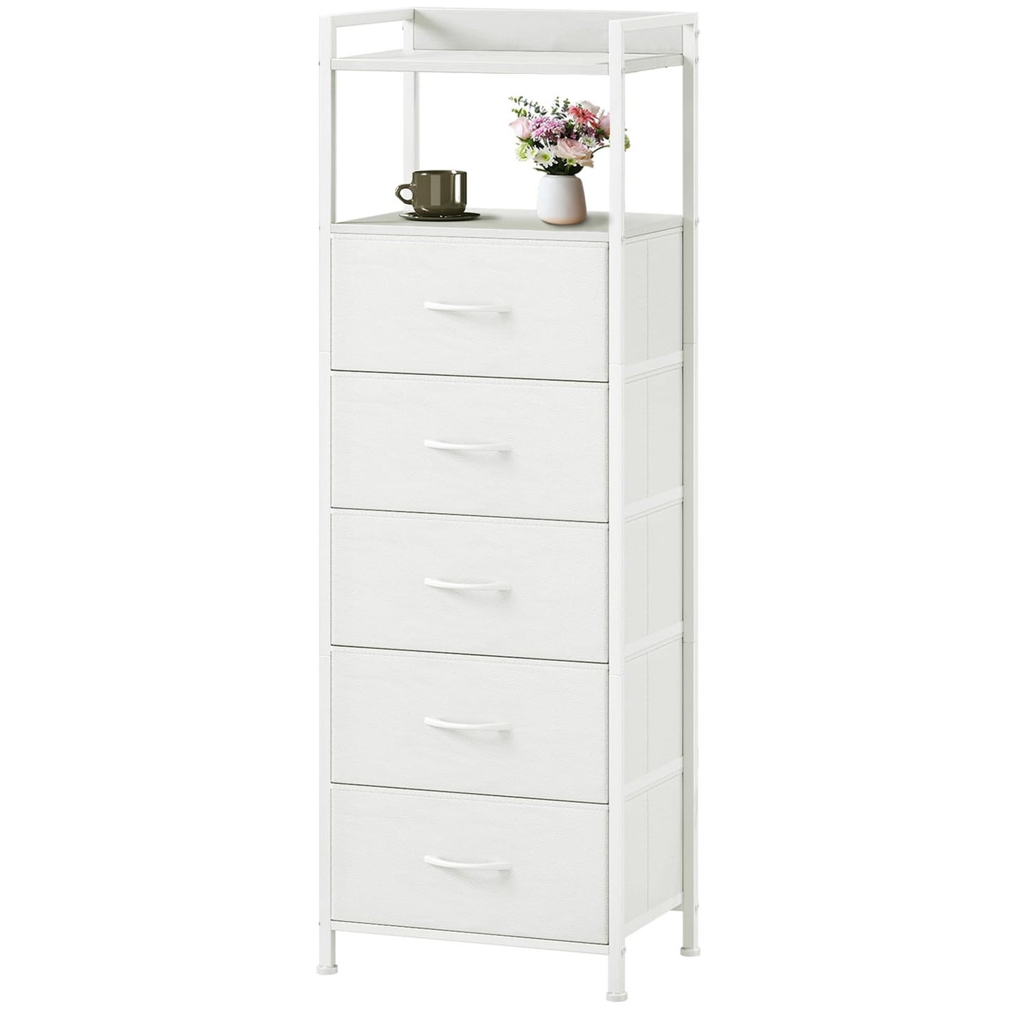 Somdot Tall Dresser for Bedroom, 5 Drawers Nightstand Vertical Storage Tower Unit, Night Stand Furniture with Fabric Drawer Organizer in Bedside Hallway, Entryway, Kids Room, Closet, White Leather