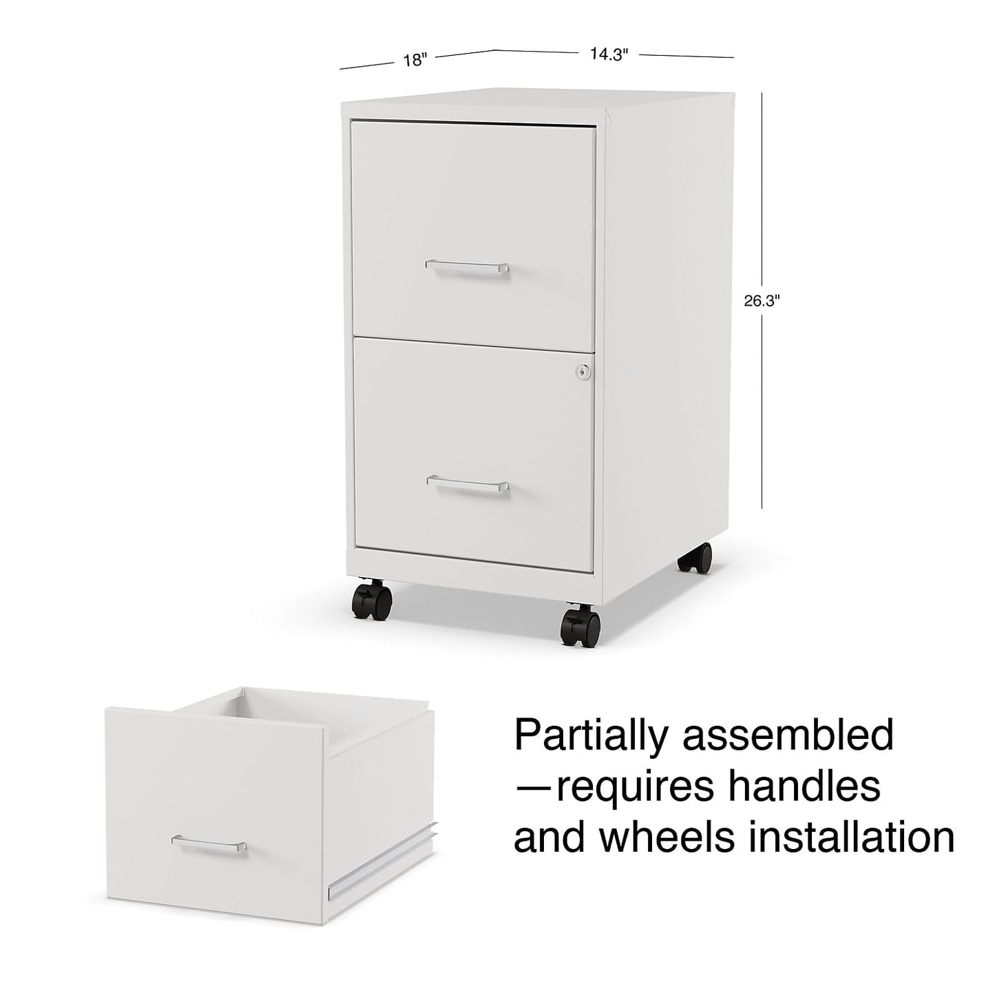 Staples 2-Drawer Vertical File Cabinet, Letter Size Documents, Lockable & Mobile, 18.9" D x 14.3" W x 26.3" H, White