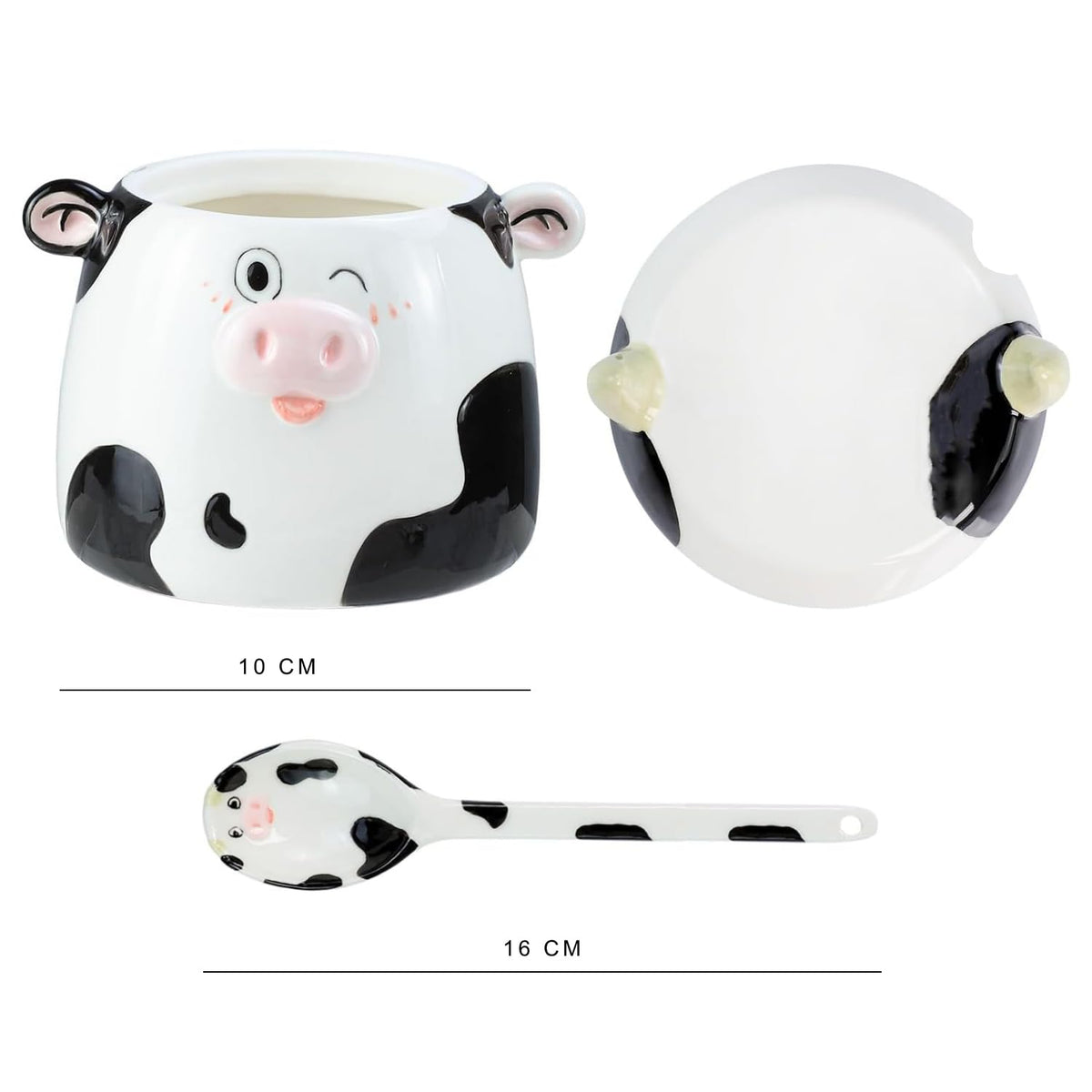 Bicuzat Cute Cow Pattern Ceramic Sugar Bowl, Cow Shaped Salt Bowl with Lid Spoon Set, 15 OZ