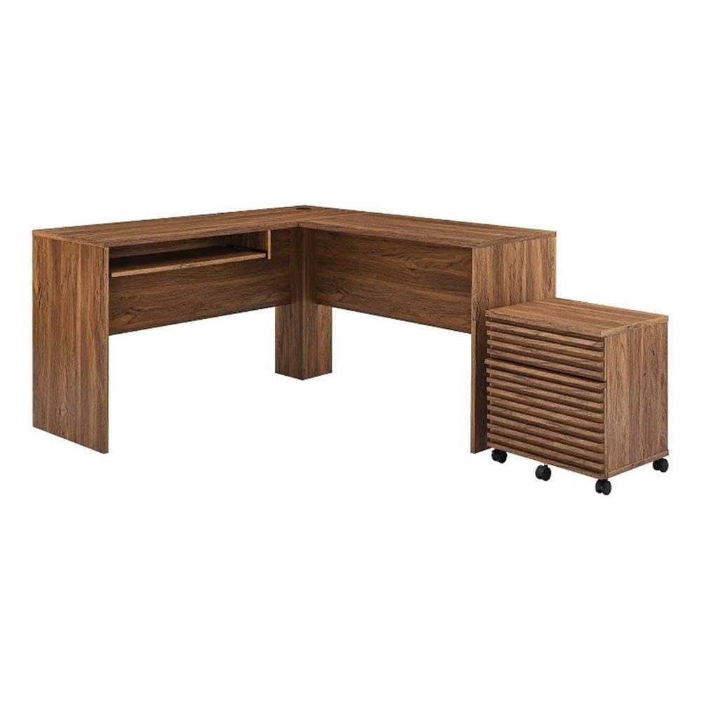 Modway Render Mid-Century Modern Office, Desk and File Cabinet Set, Walnut