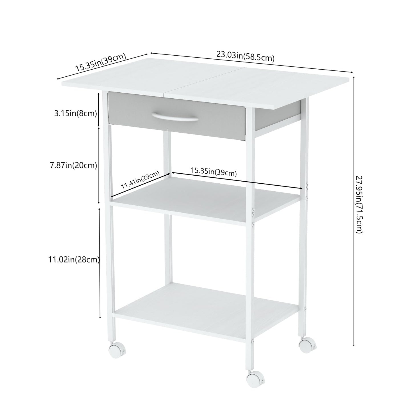 Arbuxzuy 3-Tier Printer Stand, Printer Table with Fabric Drawer, Industrial Printer Storage Cart with Wheels, Rolling Printer Stand for Heat Press Scanner Fax, White