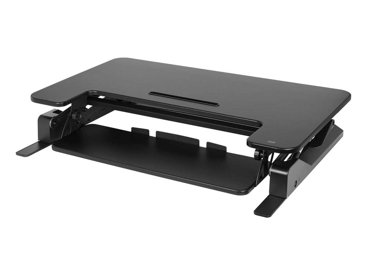 Monoprice Height‑Adjustable Gas Spring Dual Handle Sit‑Stand 36-inch Workstation Desk Converter with Keyboard Tray, High Strength Steel Frame, Waterproof Surface