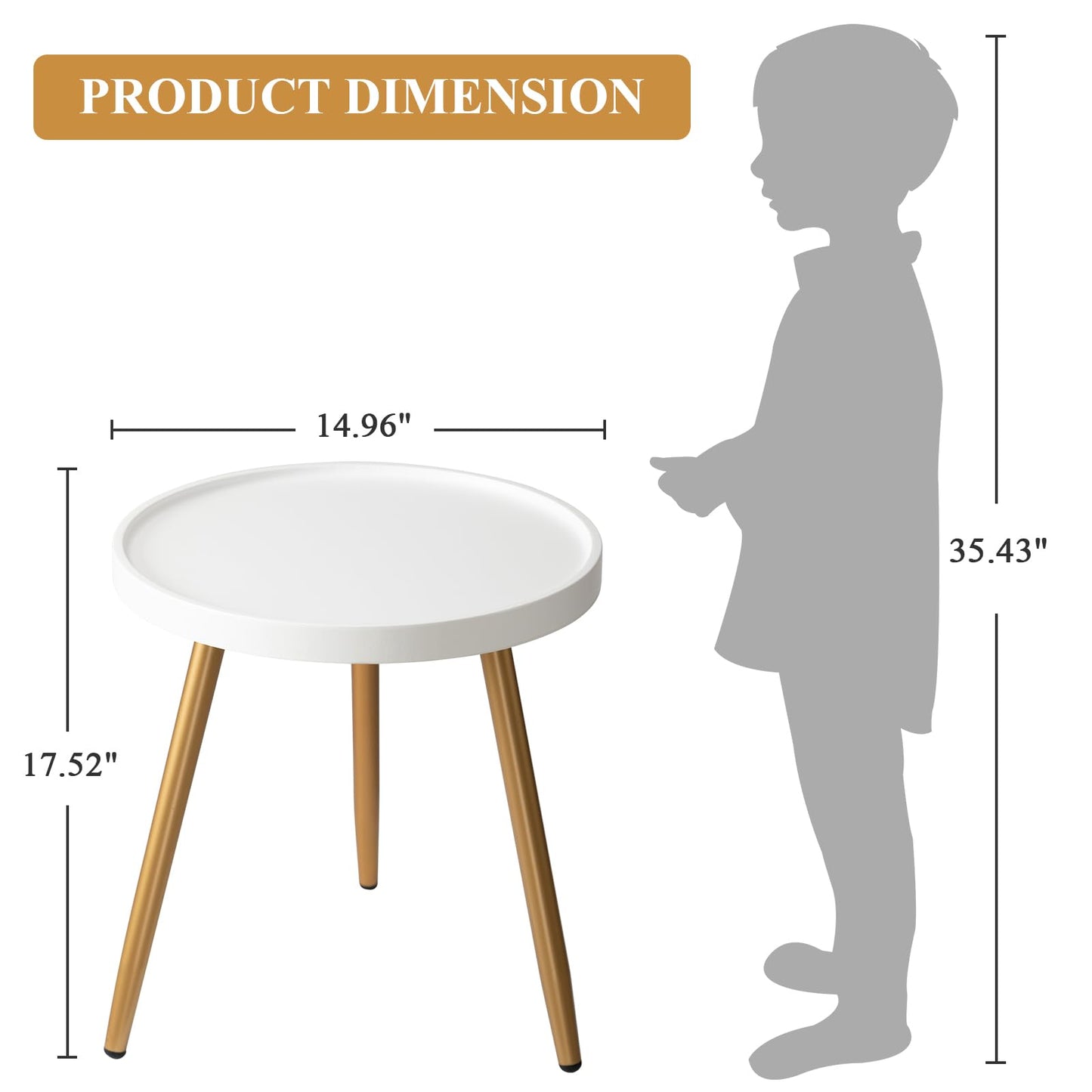 danpinera Small Round Side Table, Mini White Table with Wooden Tray & Metal Legged, Gold Side Table for Small Space, Living Room, Bedroom, Nursery, 14.96" D x 14.96" W x 17.52" H, White & Gold