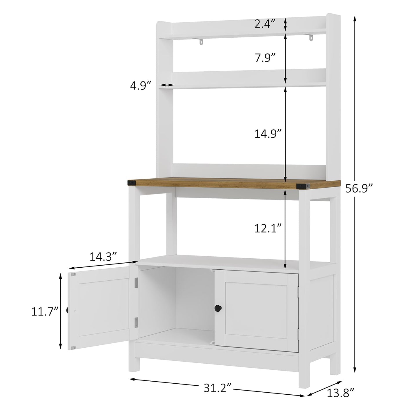 Lomojo Microwave Stand Bakers Rack Cabinet, Freestanding 5-Tier Kitchen Shelves, Farmhouse Floor Hutch Door Thickened Counter,Utility Storage Shelf, Coffee Bar(White and Brown)