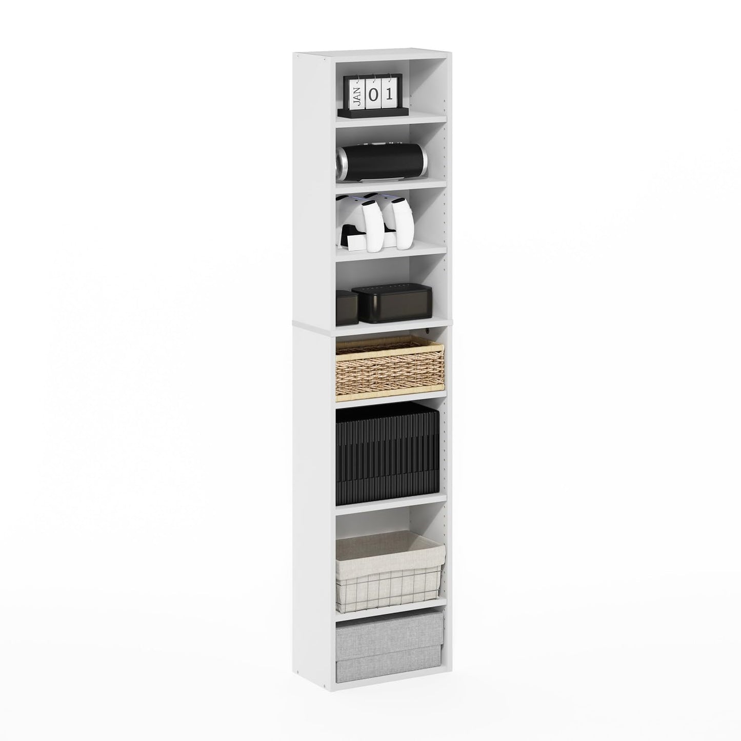 Furinno Indo DVD Shelf, 8-Tier CD Rack, Media Shelf with Adjustable Shelves, DVD Storage Cabinets for CD Blueray Game Disc, Easy Assembly, for Living Room, Home Office, White
