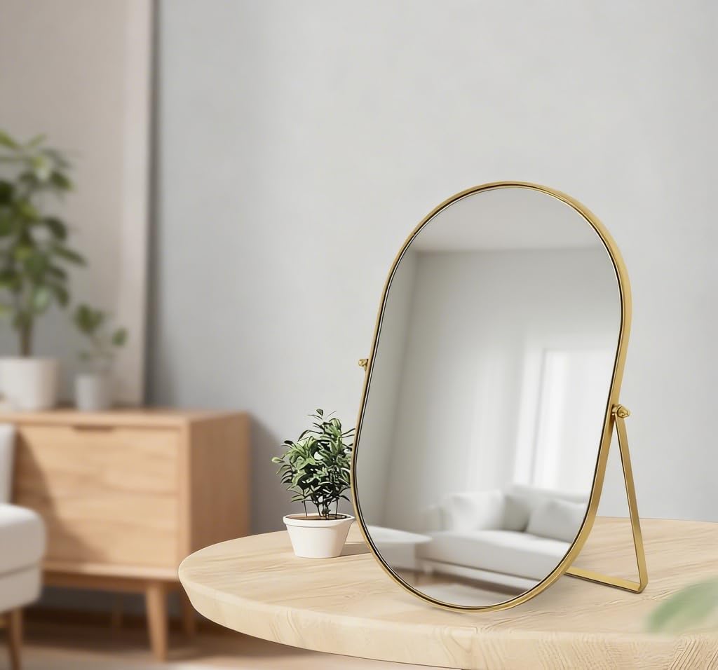 Feyarl Oval Vanity Table Mirror 12x8 Inch Desk Makeup Mirror Decorative Standing Cosmetic Mirror for Bedroom Bathroom Desk Dresser Table Desktop (Gold)