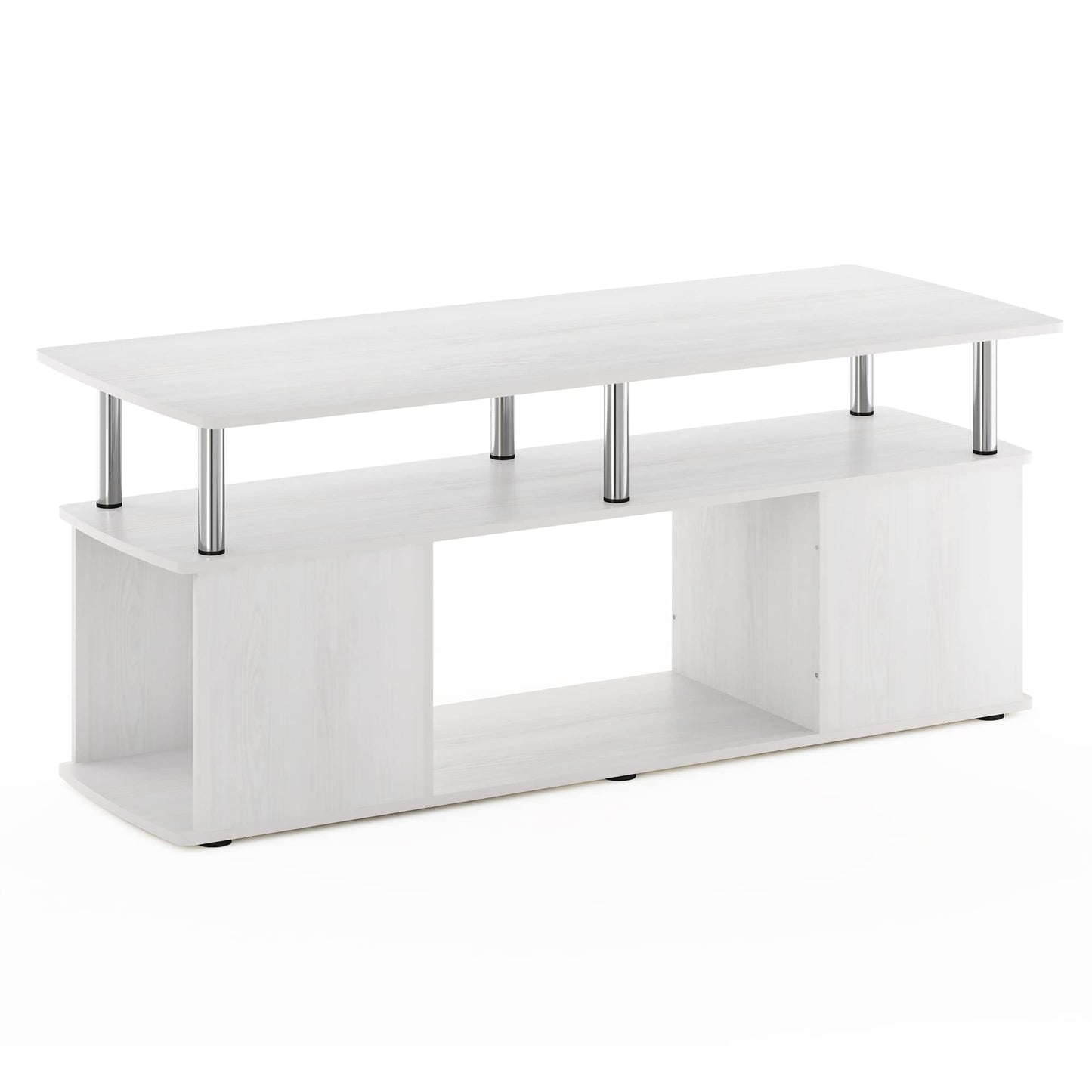 Furinno JAYA TV Stand, 3-Tier Entertainment Center with Open Shelf, TV Console for TV up to 50 Inch with Side Open Storage Compartments, for Living Room, Bedroom, White Oak/Stainless Steel Tubes