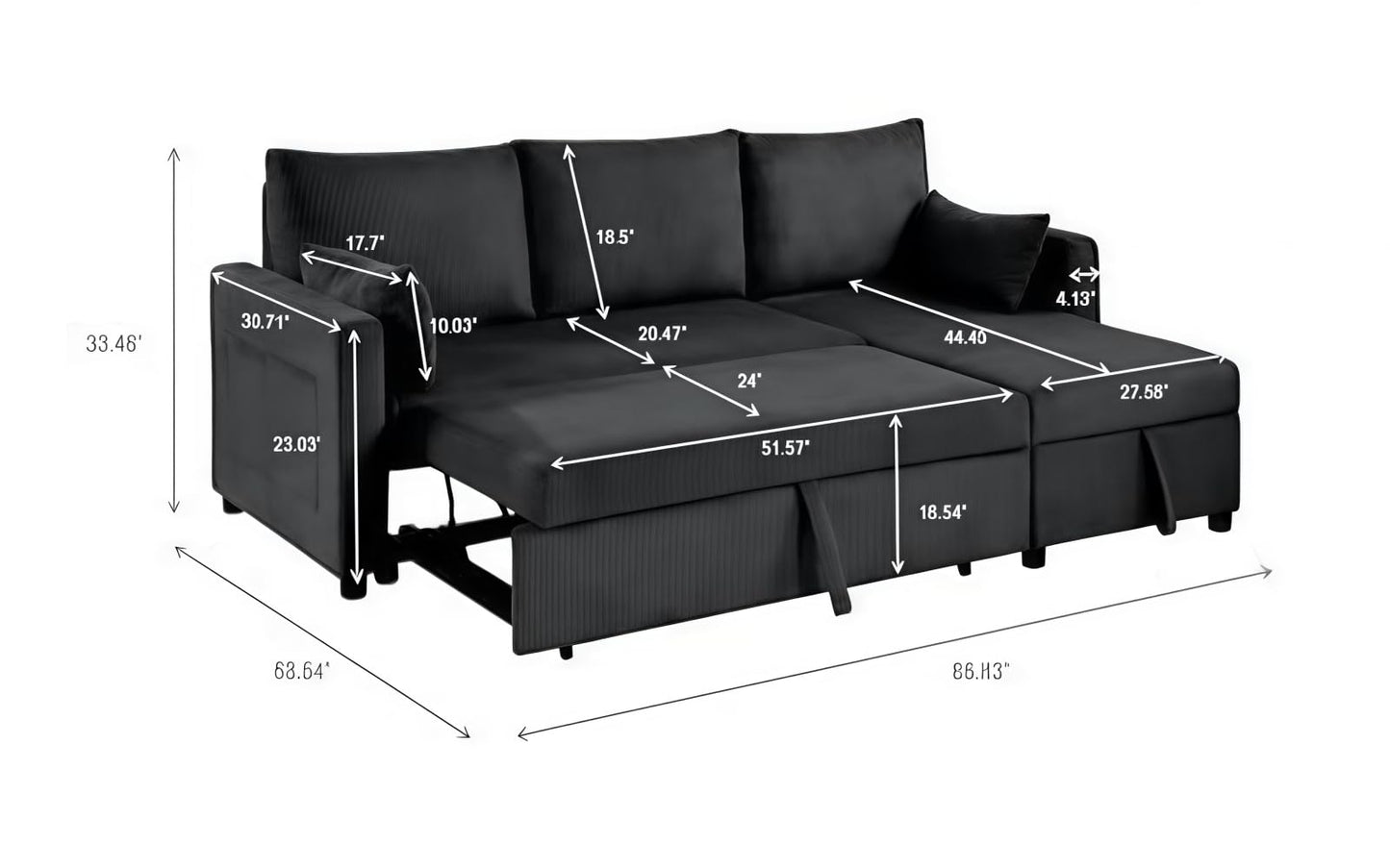 Trygoal Queen Sleeper Sofa, Convertible Sofa Bed with Storage, 85 Inch Sectional Couch with Pull Out Bed, L Shaped 3 Seat Sectional Sleeper Sofa for Living Room, Apartment, Black