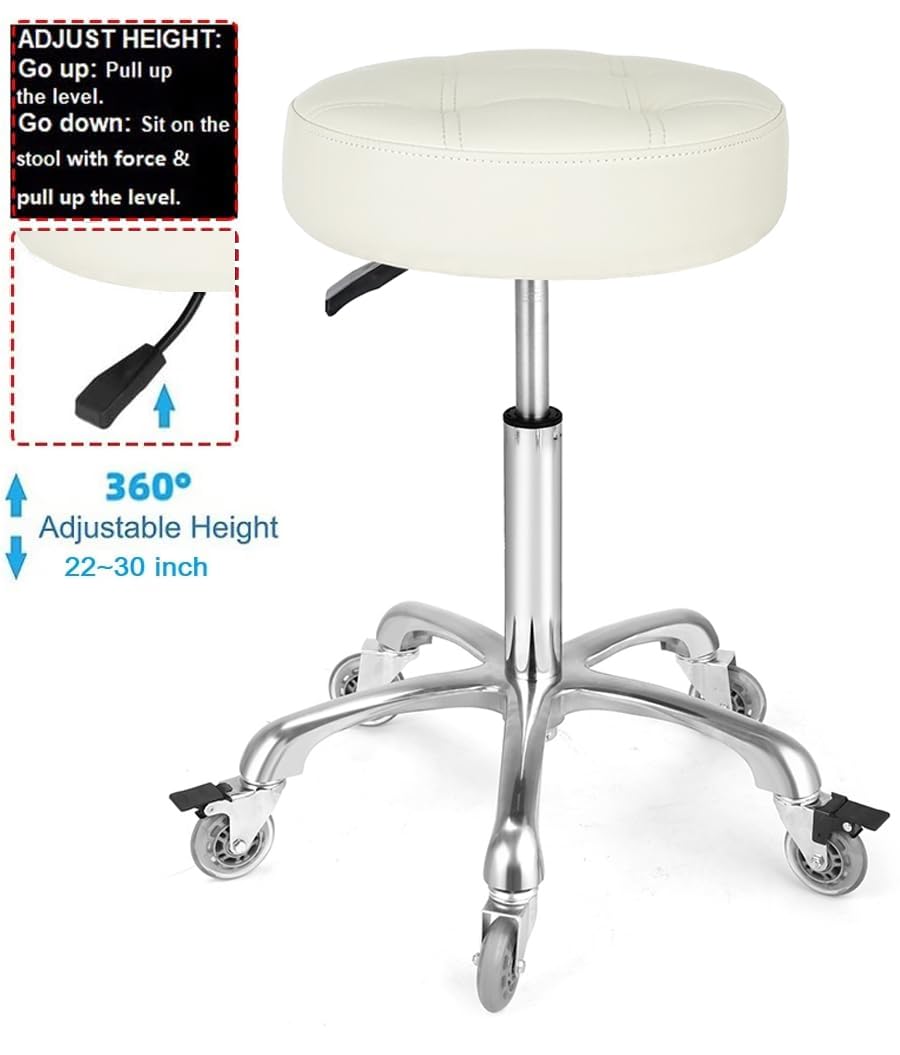 McDooFly Adjustable Heavy Duty Stool - Rolling Stools with Locking Caster Wheels - Swivel Stools Backless Chair for Home Kitchen Office Shop Tattoo Lash Tech Pedicure(Off White, Height 22 to 30 in)