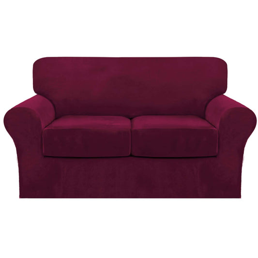 FantasDecor 3 Piece Sofa Covers Velvet for 2 Cushion Couch Stretch Loveseat Slipcover with Individual Seat Elastic Furniture Protector for Pets (Loveseat,Burgundy)