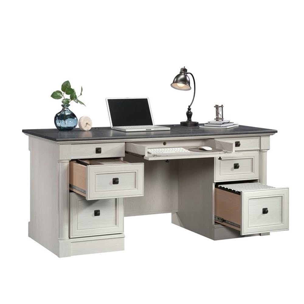 Sauder Palladia Office Desk with Drawers, Executive Desk with File Cabinet Storage, Cable Management, Keyboard Tray, in Glacier Oak Finish