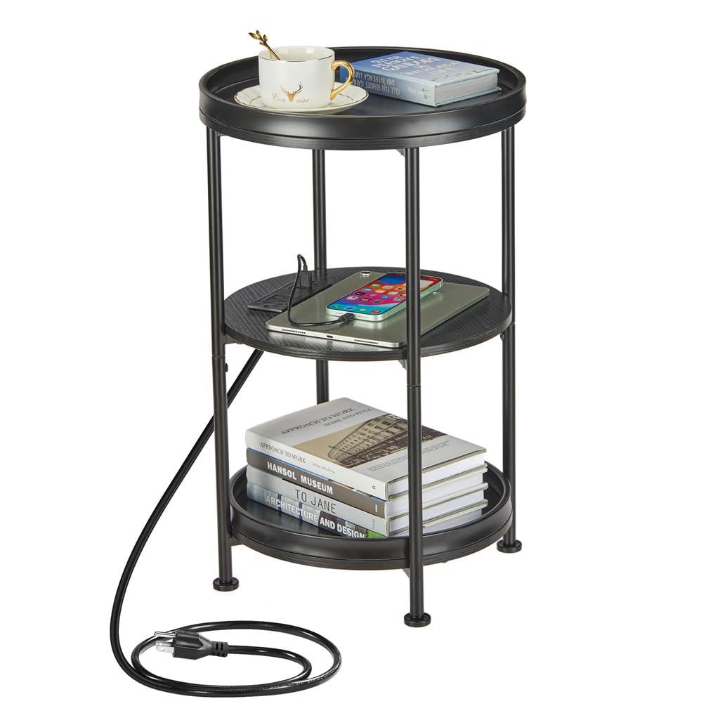 Dulcii Round Side Table with Charging Station, 24'' End Table with 3 Shelves for Living Room, Bedroom Nightstand with Steel Frame for Small Spaces, Industrial Round Sofa Table (USB+Black)