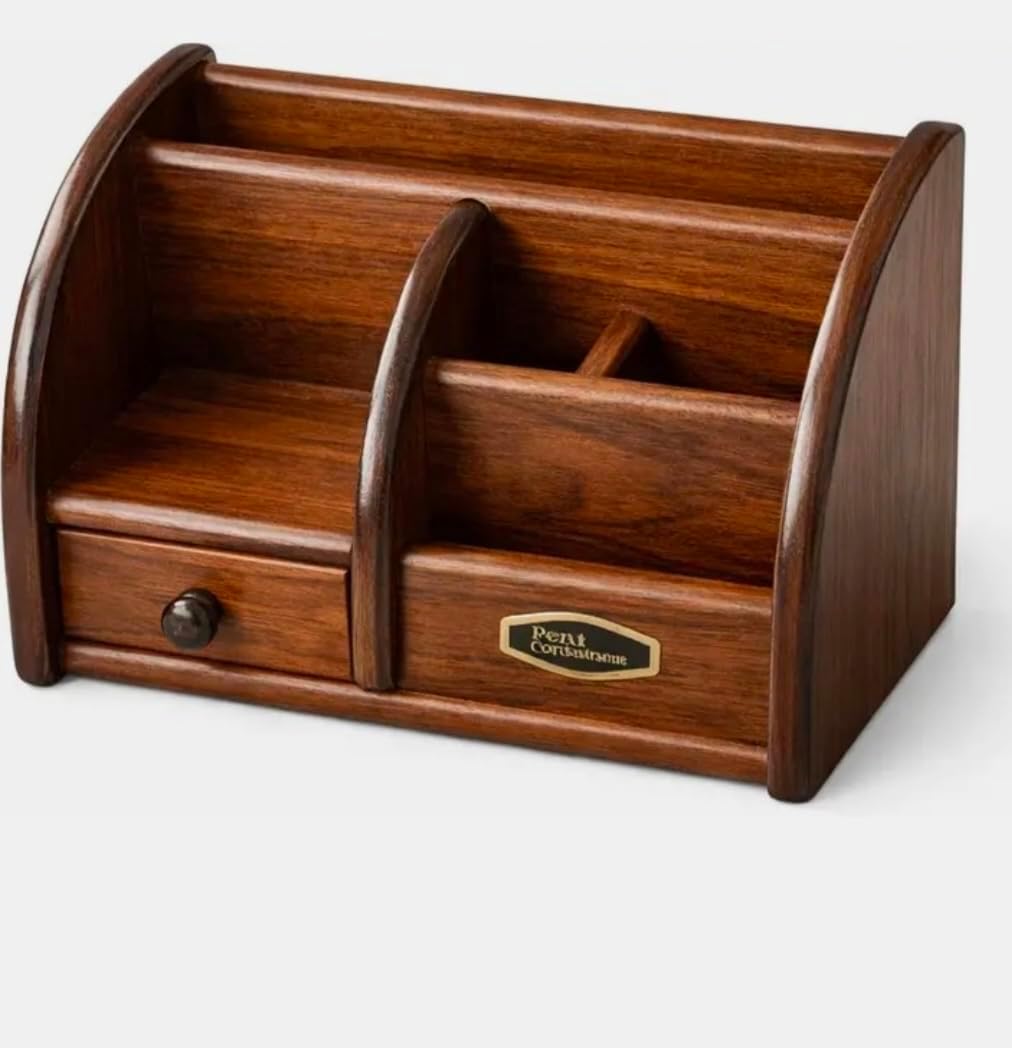 Wooden Desktop Organizer with Drawers, Brown, Vintage Style, Multi-Compartment Desk Storage