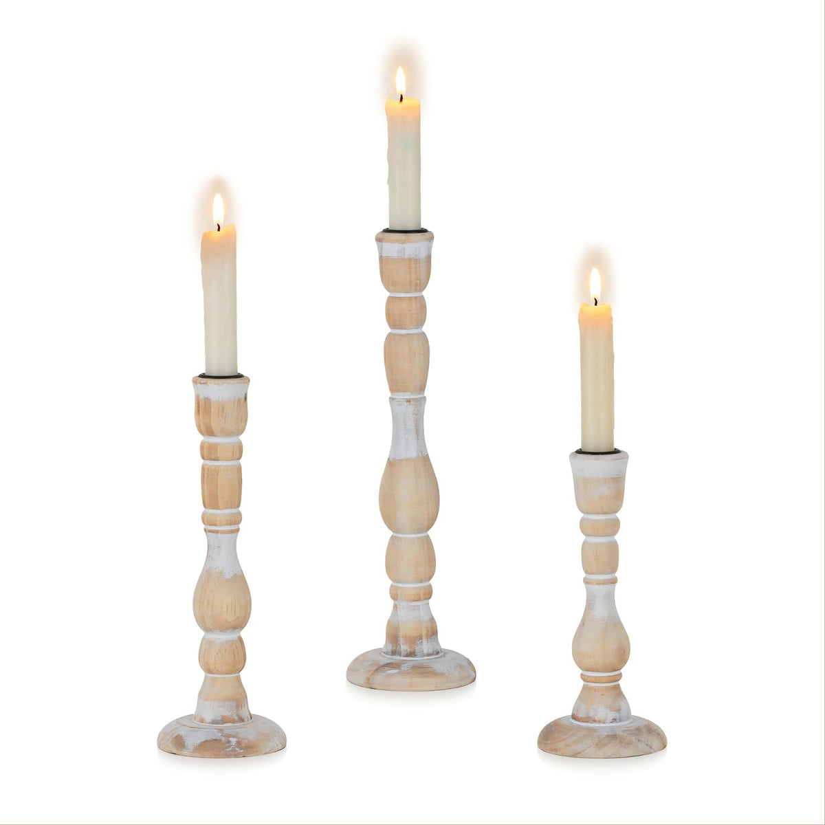 NUPTIO Candlestick Holders Wood for Home: Set of 3 Tall Farmhouse Taper Candle Holders for Christmas Gift Mantel Decor