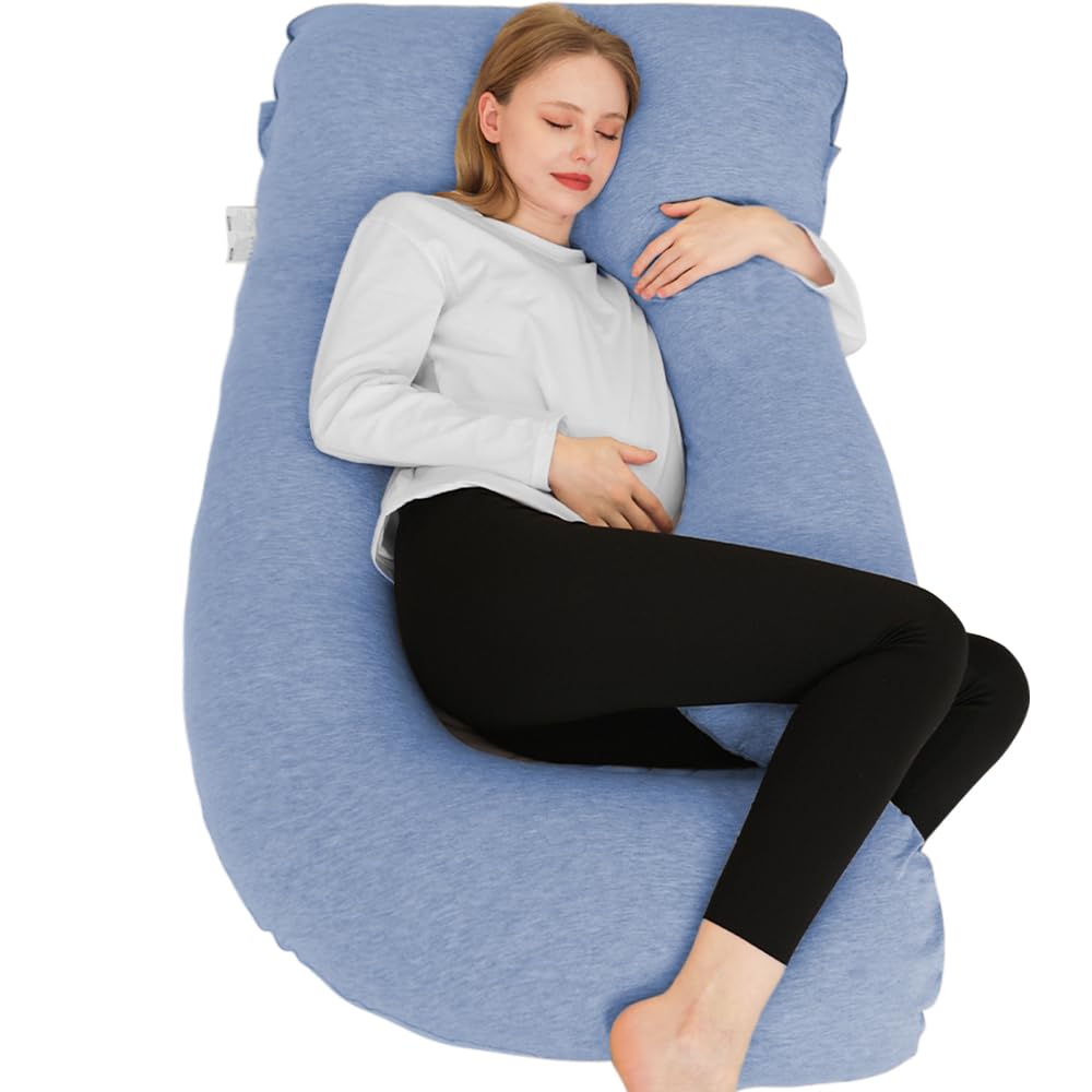Chilling Home Pregnancy Pillow, U Shaped Pregnancy Pillows for Sleeping Full Body Pillow Maternity Pillow for Pregnant Women 58 inch, Pregnant Women Must Have with Removable Cover, Blue-Jersey