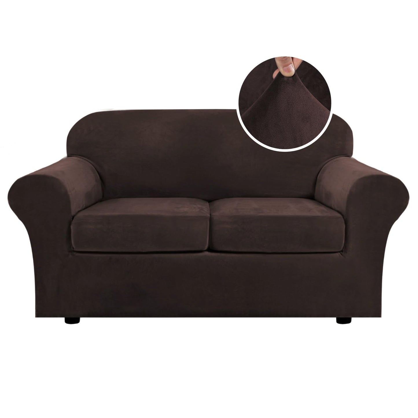 H.VERSAILTEX Real Velvet Plush 3 Piece Stretch Sofa Covers Couch Covers for 2 Cushion Couch Loveseat Covers Width Up to 72 Inch Feature Thick Soft Stay in Place (Medium Sofa, Brown)