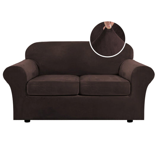 H.VERSAILTEX Real Velvet Plush 3 Piece Stretch Sofa Covers Couch Covers for 2 Cushion Couch Loveseat Covers Width Up to 72 Inch Feature Thick Soft Stay in Place (Medium Sofa, Brown)