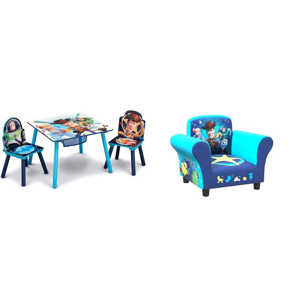 Delta Children Kids Table and Chair Set with Storage (2 Chairs Included) & Upholstered Chair, Disney/Pixar Toy Story 4 for Bedroom with Arm Rest