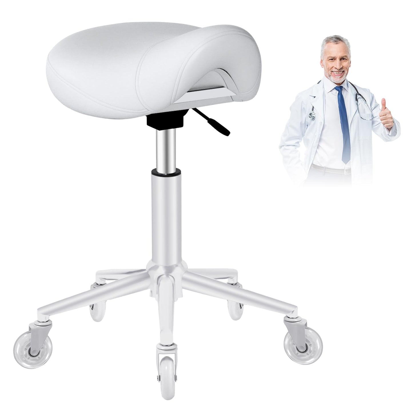 Saddle Stool Heavy Duty 400lbs - Ergonomic Thick Saddle Seat Cushion, Easy Height Adjustable, Healthy Posture No Pain, Smooth Rolling No Creaky Noises, Rolling Saddle Stool Chair with Wheels (White2)