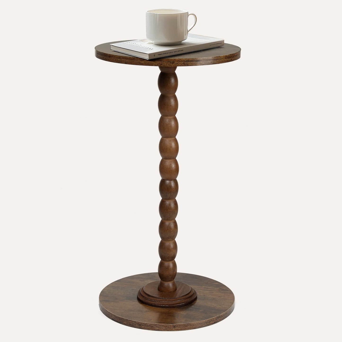FIAHOSEY Small Walnut Drink Table - 22.56" Tall Vintage Bobbin End Table for Small Spaces, Dark Wood Pedestal Accent Table for Living Room, Classic Martini Table