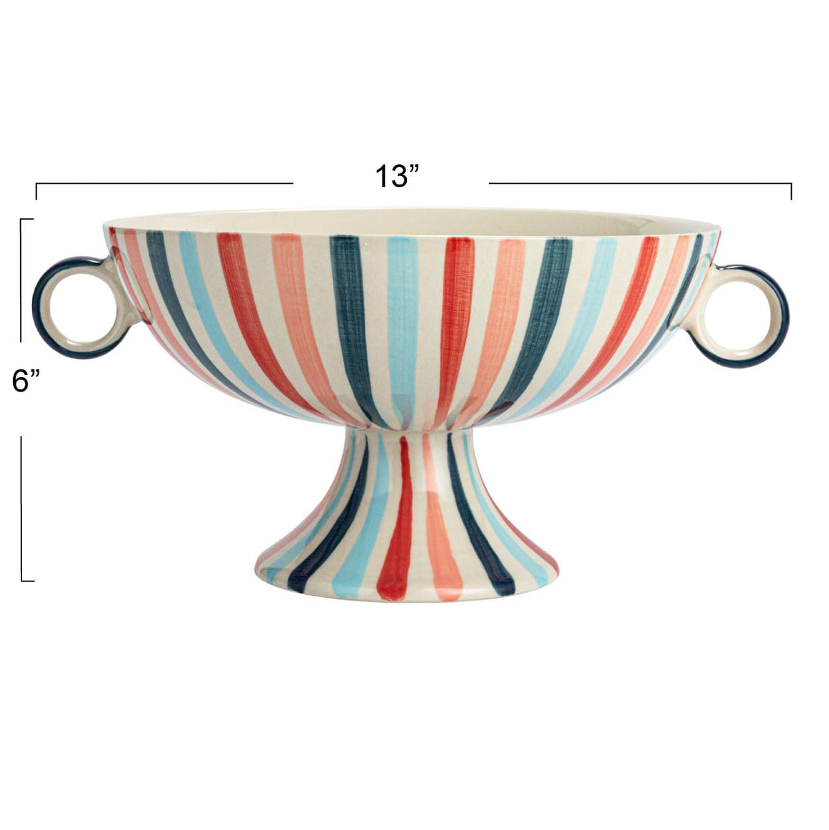 Creative Co-Op Hand-Painted Stoneware Footed Bowl with Handles and Stripes, Multicolor