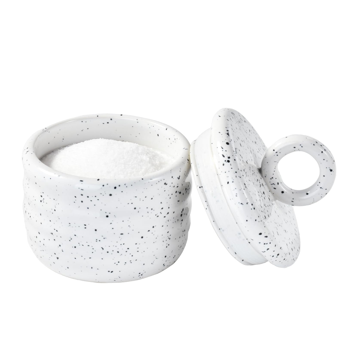 Salt Cellar Keeper with Ceramic Lid, Big Capacity Ceramic Sugar Bowls Pepper Box, Speckled Glaze Seasoning Container Condiment Pot for Kitchen (White)