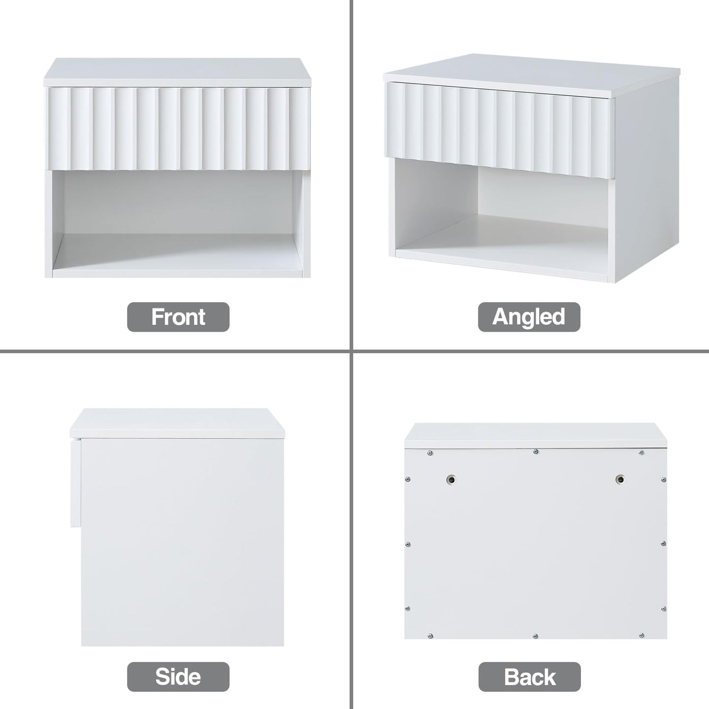 BuildHom Floating Nightstand with Fluted Drawer - Modern Wall Mounted Bedside Table with Open Storage Shelf, Small Night Stand TV Stand for Bedroom(Matte White)