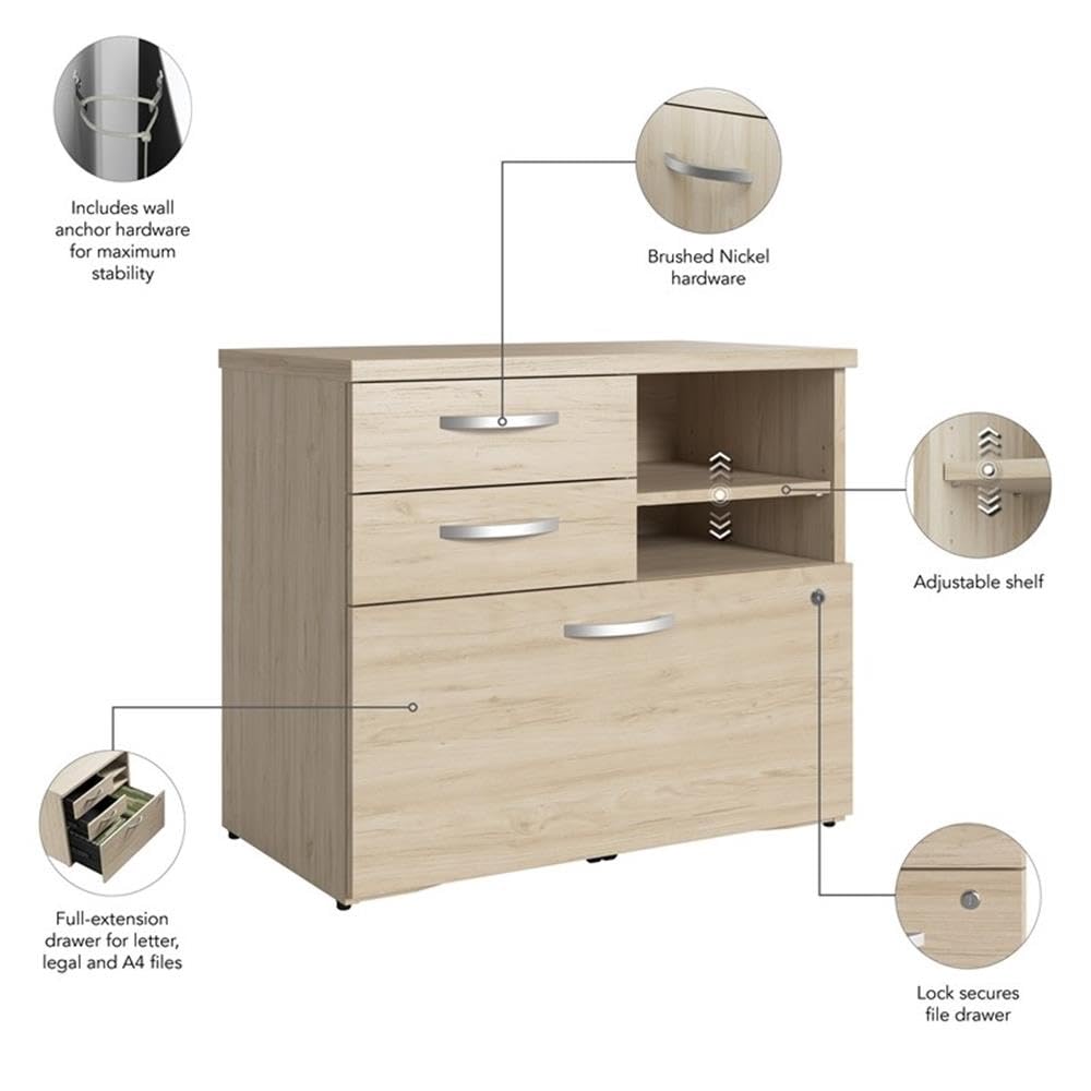 Bush Business Furniture Studio C Office Storage Cabinet with Drawers and Shelves in Natural Elm, Organization for Home or Professional Workspace