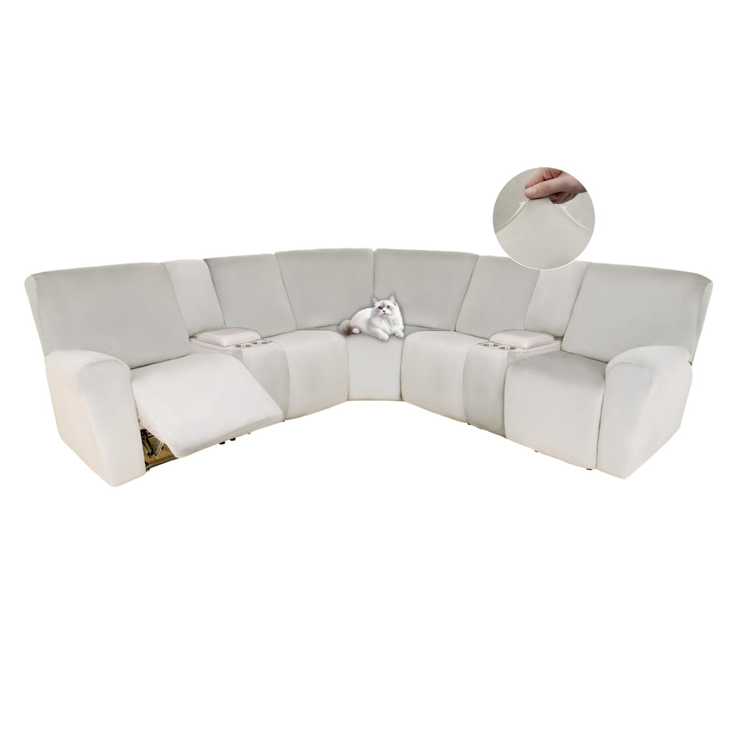 HDCAXKJ Reclining Sectional Couch Covers Velvet L Shaped Sectional Sofa Cover Washable Stretch Soft Corner Recliner Slipcover with Non-Slip Elastic Bottom (5 Seat and 2 Middle Console, Cream)