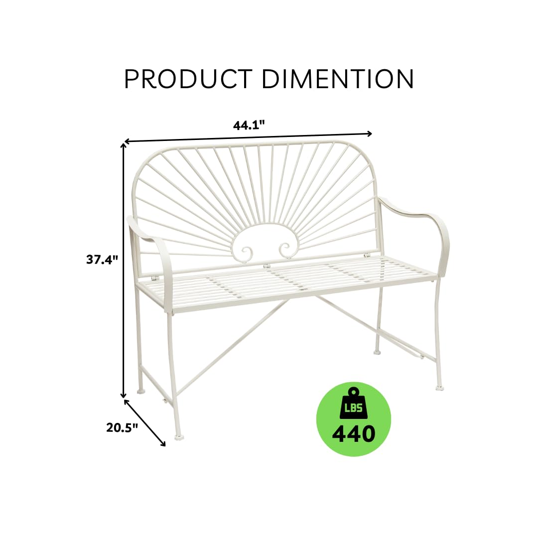 XBrand 44" L Iron Sun-Patterned Seat for Two, Patio & Porch Furniture for Park, Yard, Lawn, Balcony, Backyard – White